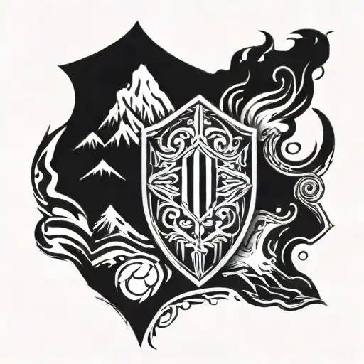 A Shield On Fire In Front Of A Mountain