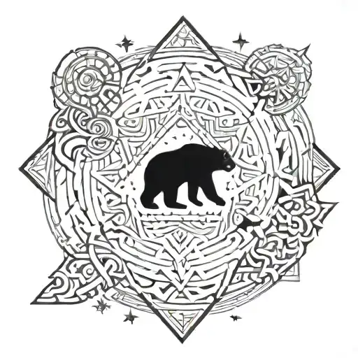 A Bear Silhouette Filled With Intricate Rune Patterns And Surrounded By Starbursts