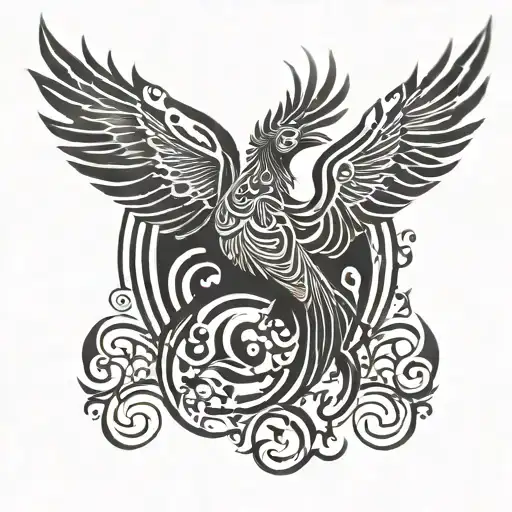 A Tribal Phoenix Spreading Its Wings In A Blackwork Style