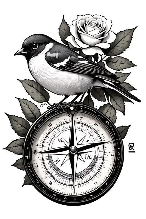 White Rose With A Robin Sat On A Leaf Wrapped Around A Compass With A Set Of Co-ordinates