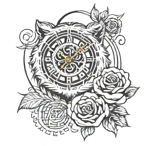 Tiger With A Clock Behind And A Rose With Thorns In Front