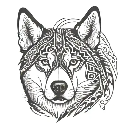 Siberian Husky Symmetrical Face With Half Of The Face With Realism And The Other Half With Tribal