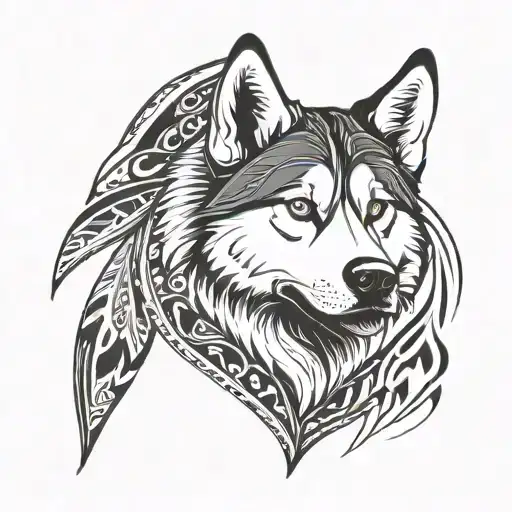 Siberian Husky Symmetrical Face With Half Of The Face With Realism And The Other Half With Tribal