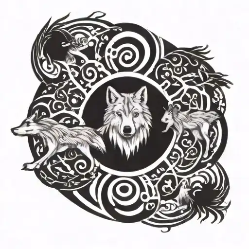 Three Wolf Running In Circle Around Yggdrasil Tree