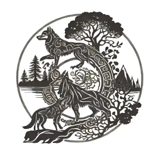 Three Wolf Running In Circle Around Yggdrasil Tree