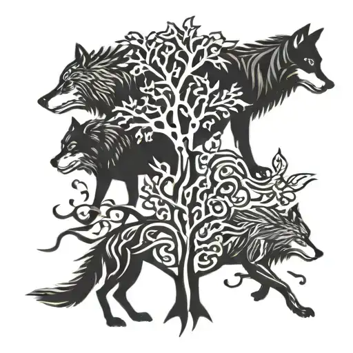 Three Wolf Running Around Yggdrasil Tree