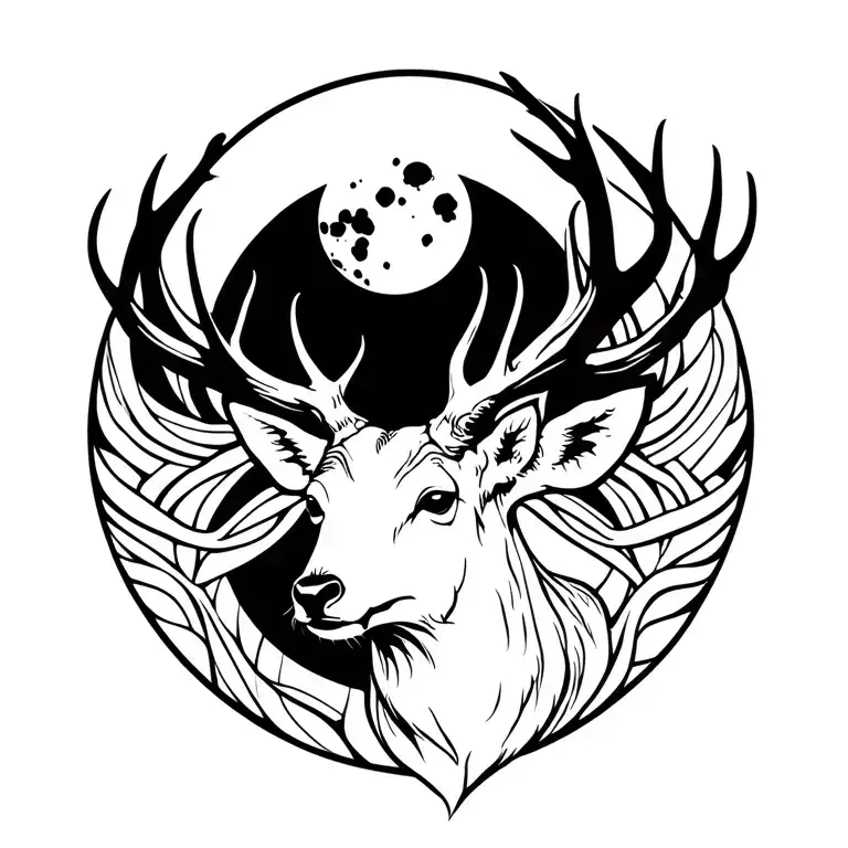 Head Of White Deer With A Full Moon On Head