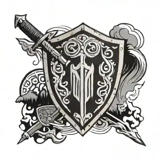 A Shield On Fire Adorned With A Viking War Hammer In Front Of A Mountain