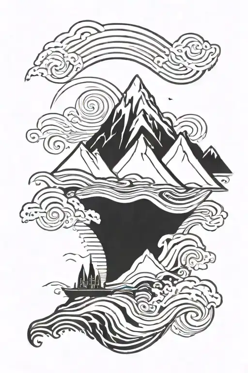 A Mountain With A River Leading To The Sea Waves Flowing