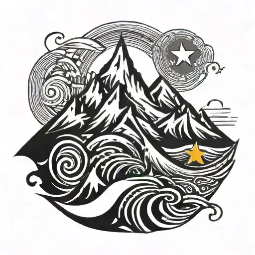 Mountain Wave With 3 Stars Over Mountains