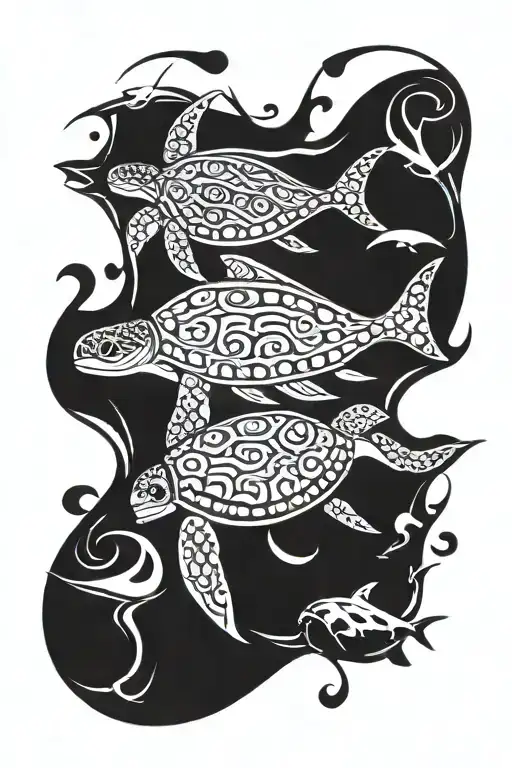 Tribal Sea Turtle And Shark Coming Together