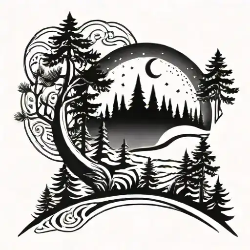 Crescent Moon With Pine Trees