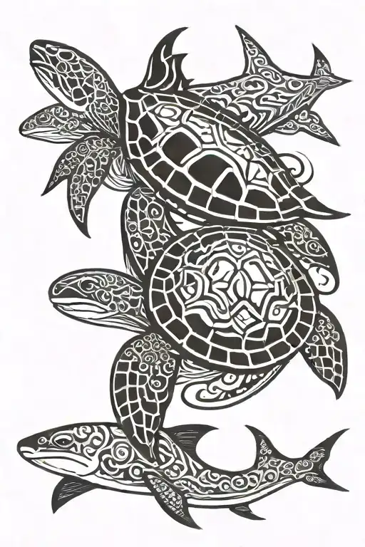 Tribal Sea Turtle And Shark Coming Together To Form