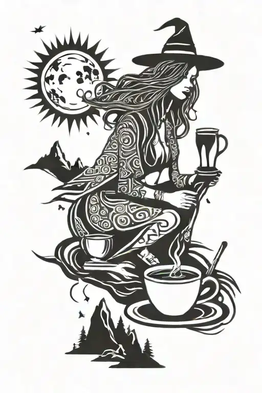 A Witch Brewing Coffee In The Mountains Under The Moonlight