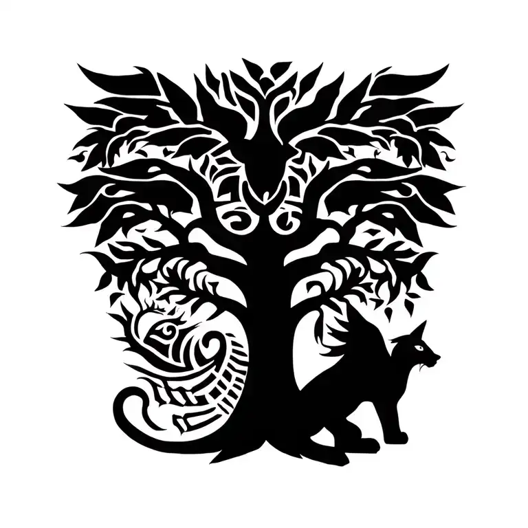 Tribal Tree Of Life With Egyptian Cat And Phoenix Rising