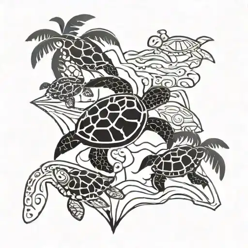 A Geometric Design Of The Hawaii Island Chain With Turtles Swimming Around It