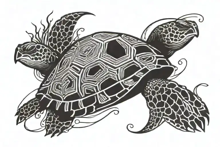 Turtle Swimming Underwater Scene Depicted According To Tradi