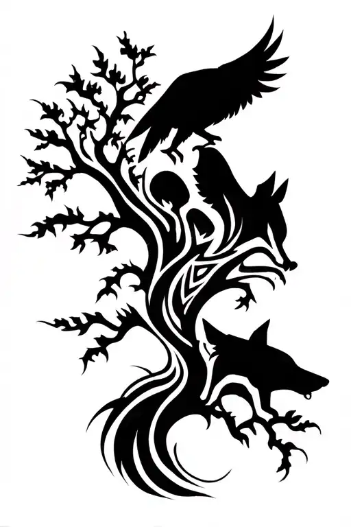 Bear Tree Wolf And Crow