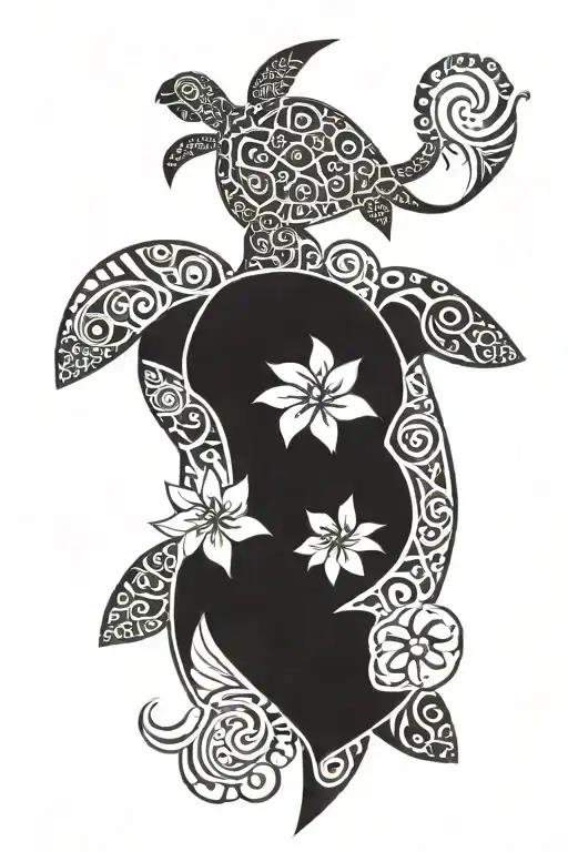 Hawaiian Tribal With Flower And Turtle