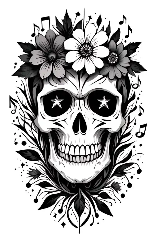 Skull Different Types Of Flowers Stars Music Notes Intertwined Tribal Patterns