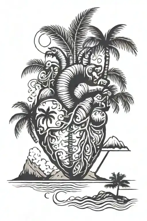 Anatomical Heart And Beach Scene With Palm Tree