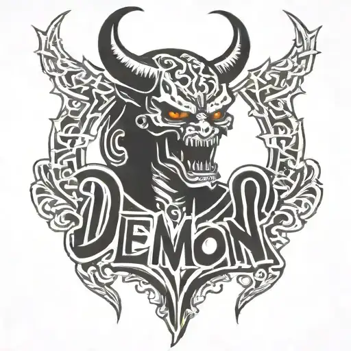 Tattoo With The Phrase Demon With Pure Letters And The Background Of Letters Is A Gangster Style
