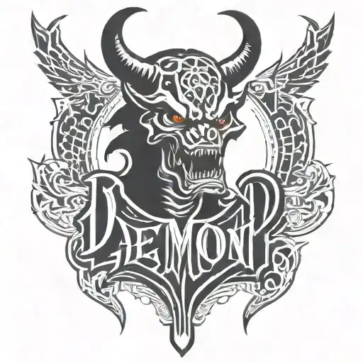 Tattoo With The Phrase Demon With Pure Letters And The Background Of Letters Is A Gangster Style