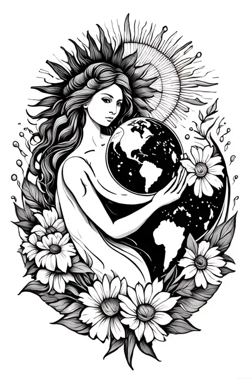 Woman Holding Earth With Sun And Flowers