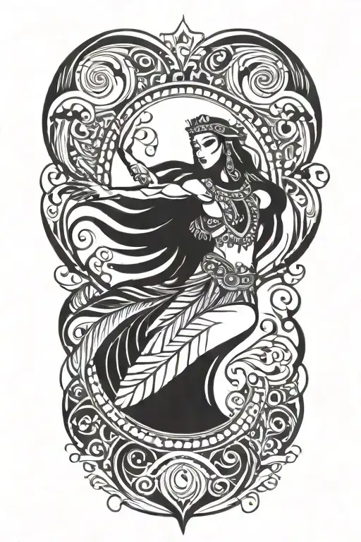 A Native American Dancer With Flowing Feathers And Ocean Waves As A Border