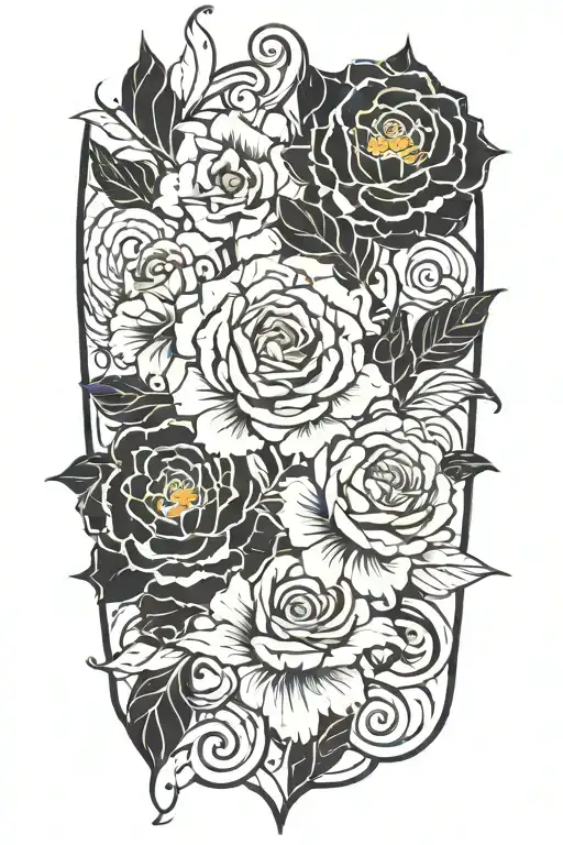 Marigolds And Roses And Ocean Waves Flowing Feathers