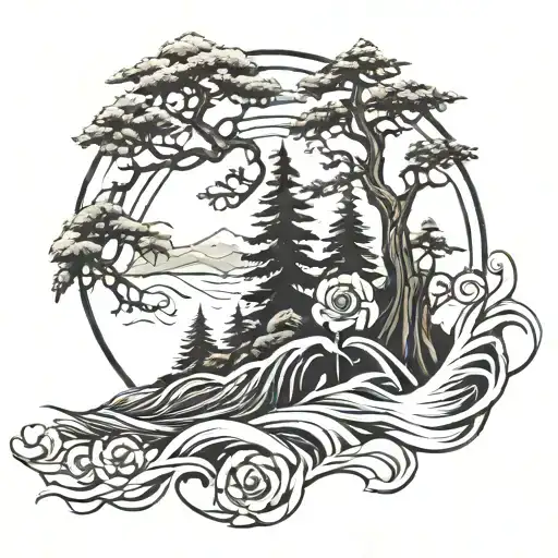 Redwood Trees And Roses And Ocean Wave Crashing