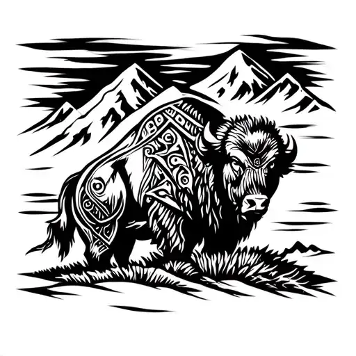 Bison Looking At Stormy Mountain