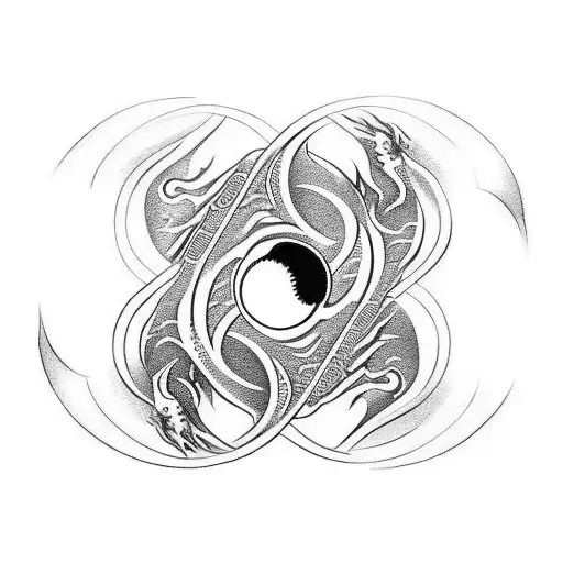 Yin Yang Symbol With A Demon And A Dragon On Either Side
