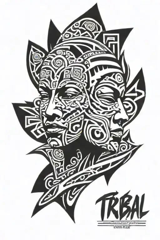 Full Arm Sleeve Tribal Tattoo With Person Face And Lettering As Well