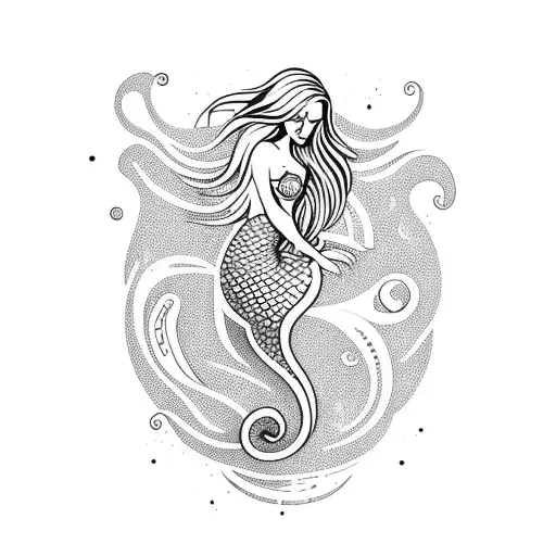 A Tattoo Of A Graceful Mermaid Surrounded By Swirling Waves And Seashells