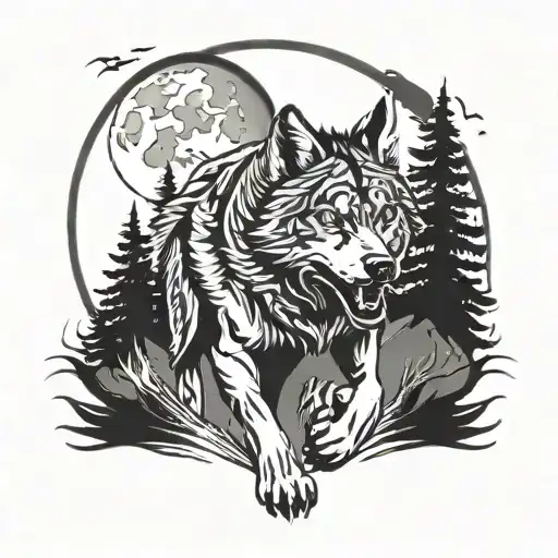 Running Wolf Under A Full Moon