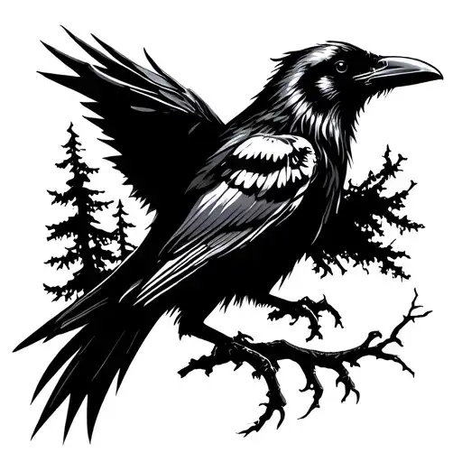 Dark Forest Landscape With Raven