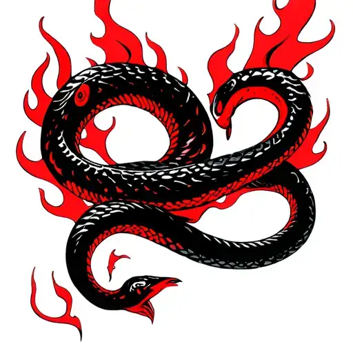 A Black Snake Tattoo With Red Details And Flames