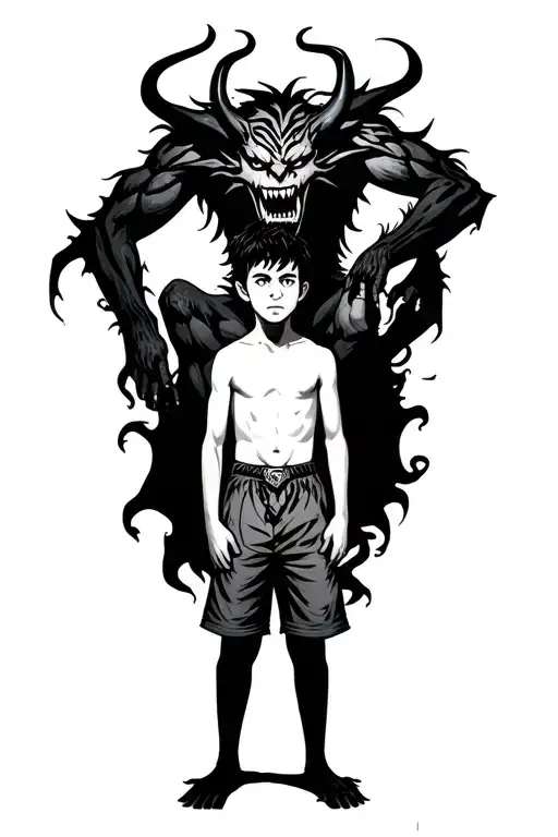 A Boy Standing With A Scary Demon Towering Behind Him And Wrapped Around Him