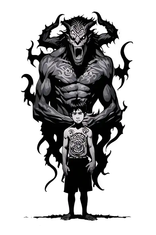 A Boy Standing With A Scary Demon Towering Behind Him And Wrapped Around Him