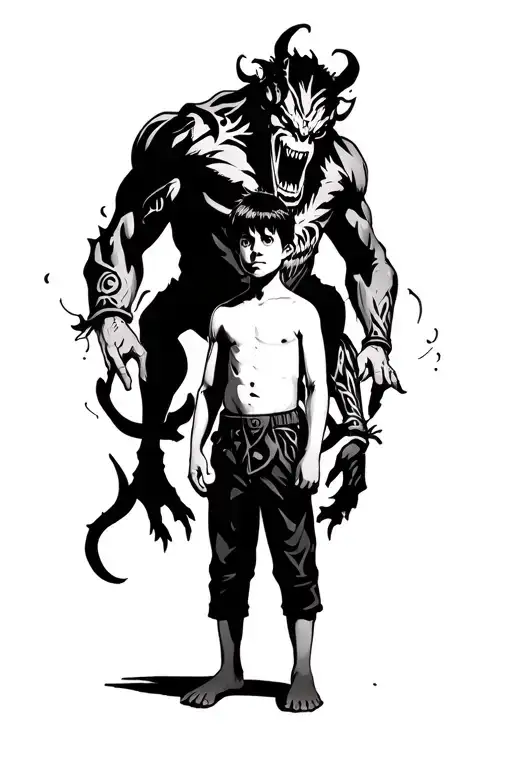 A Boy Standing With A Scary Demon Towering Behind And Wrapped Around Him