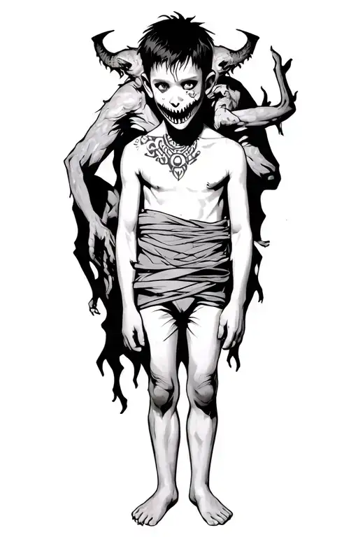 A Boy Standing With A Scary Demon Behind Wrapped Around Him