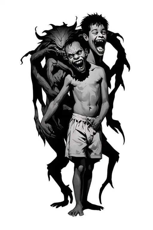 A Boy Standing With A Scary Demon Wrapped Around Him