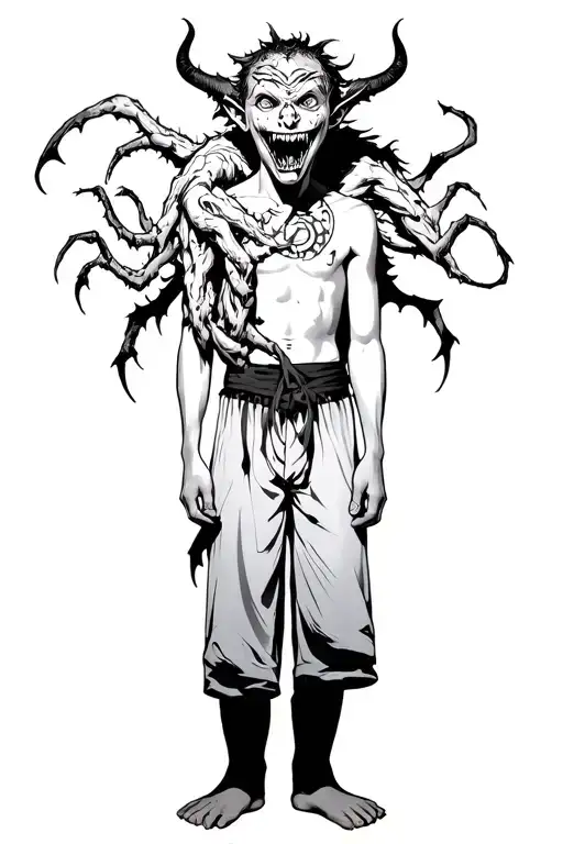 A Boy Standing With A Scary Demon Wrapped Around Him