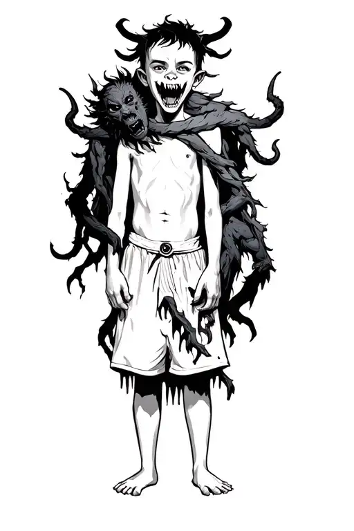 A Boy Standing With A Scary Demon Wrapped Around Him