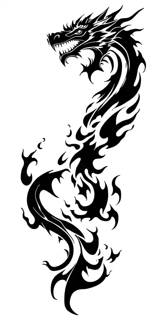 Bold Fierce Dragon Head Tattoo Wrapped Around Arm Surrounded By Black Bold Flame Ink