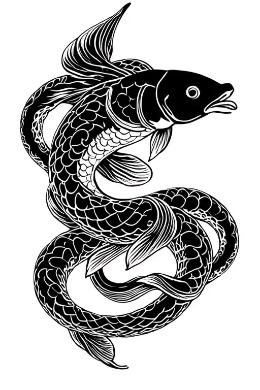 Koi Fish With Snake Wrapped Together