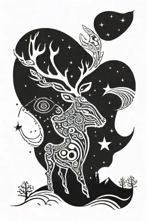 Reindeer Beneath Starry Night Sky With One Small Green Moon And A Larger White Moon
