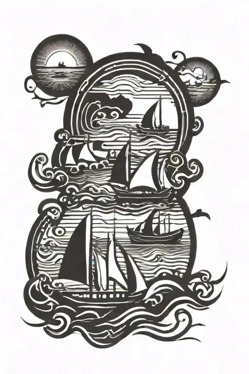 Boats On The Ocean By The Beach Sunset