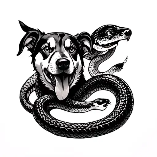 Mongrel Dog Protecting A Snake And Being Friends
